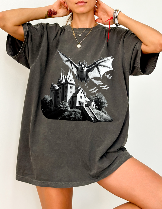 Haunted Castle Halloween T-Shirt – Gothic Bat Horror Graphic Tee
