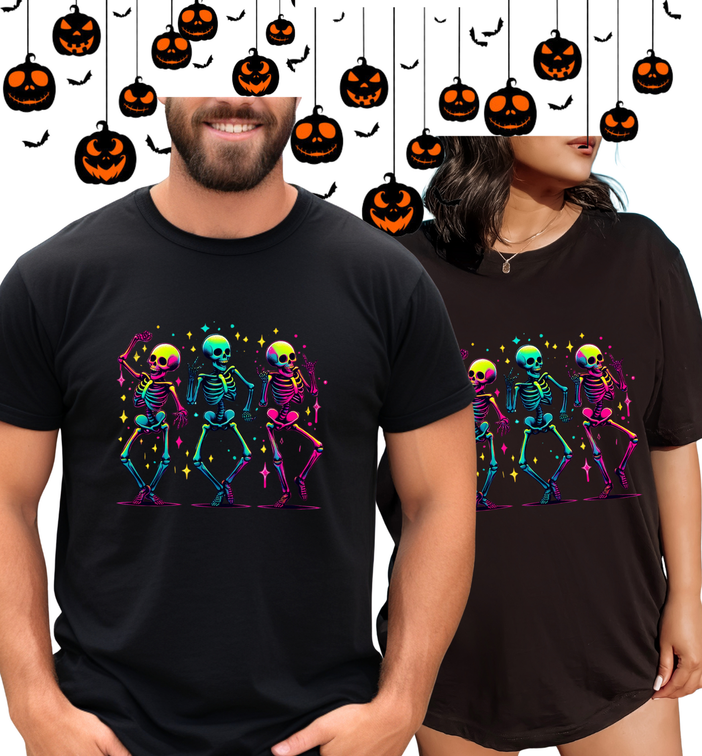 Dancing Skeletons T-Shirt – Colorful Halloween Party Graphic Tee