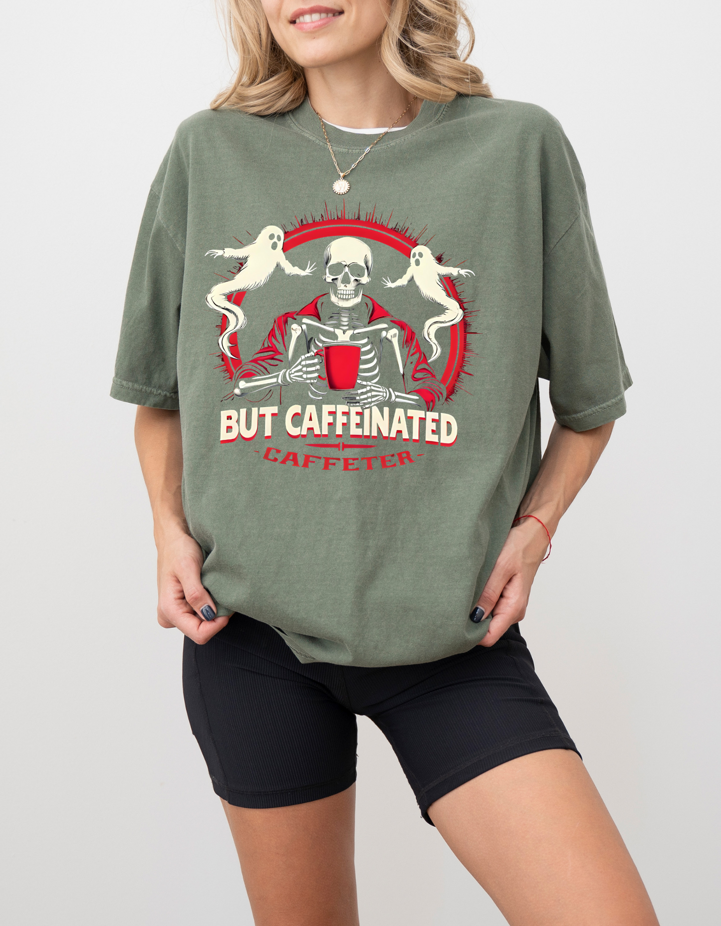 Halloween Coffee Skeleton T-Shirt – “But Caffeinated” Funny Ghost Tee