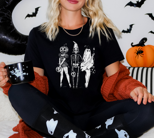 Halloween Trio T-Shirt – Pumpkin, Skeleton & Ghost Graphic Tee