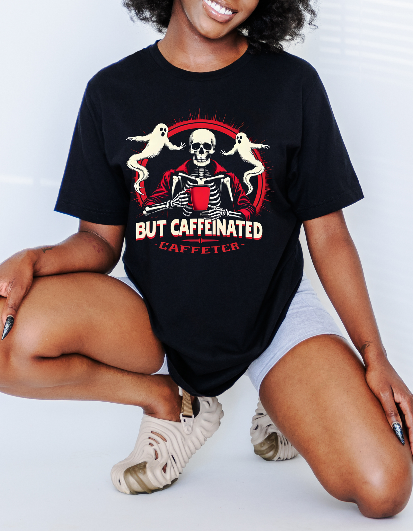 Halloween Coffee Skeleton T-Shirt – “But Caffeinated” Funny Ghost Tee