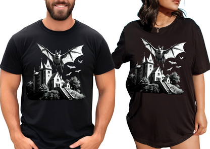 Haunted Castle Halloween T-Shirt – Gothic Bat Horror Graphic Tee