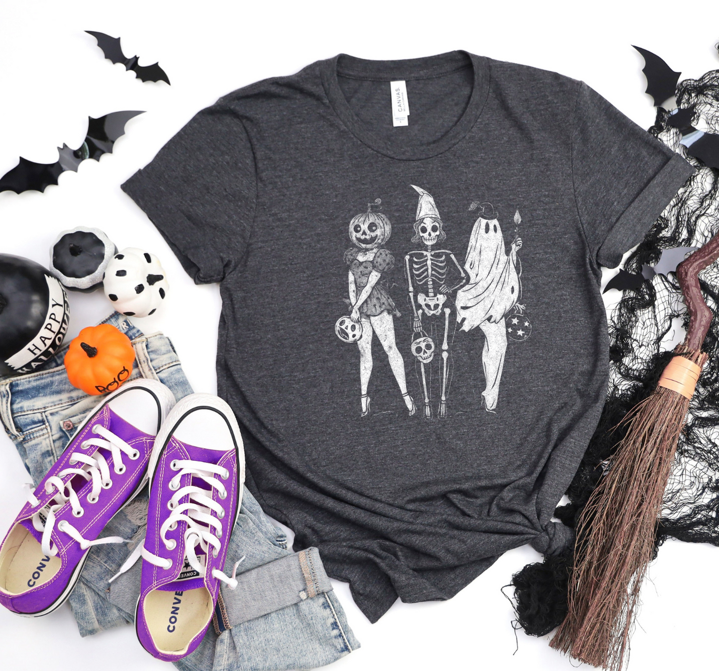 Halloween Trio T-Shirt – Pumpkin, Skeleton & Ghost Graphic Tee