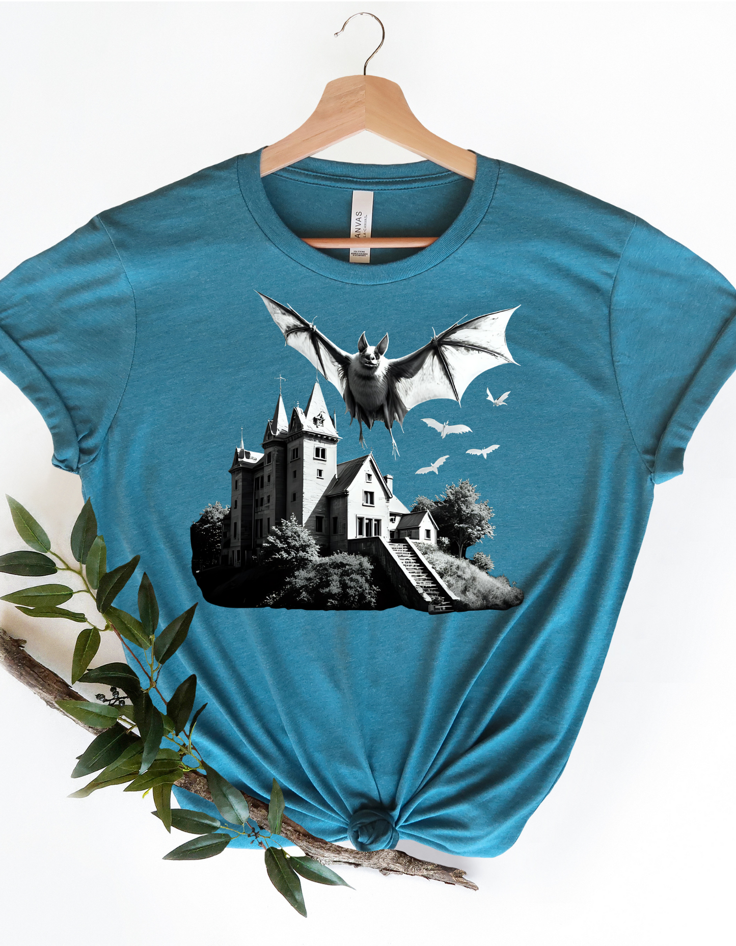 Haunted Castle Halloween T-Shirt – Gothic Bat Horror Graphic Tee