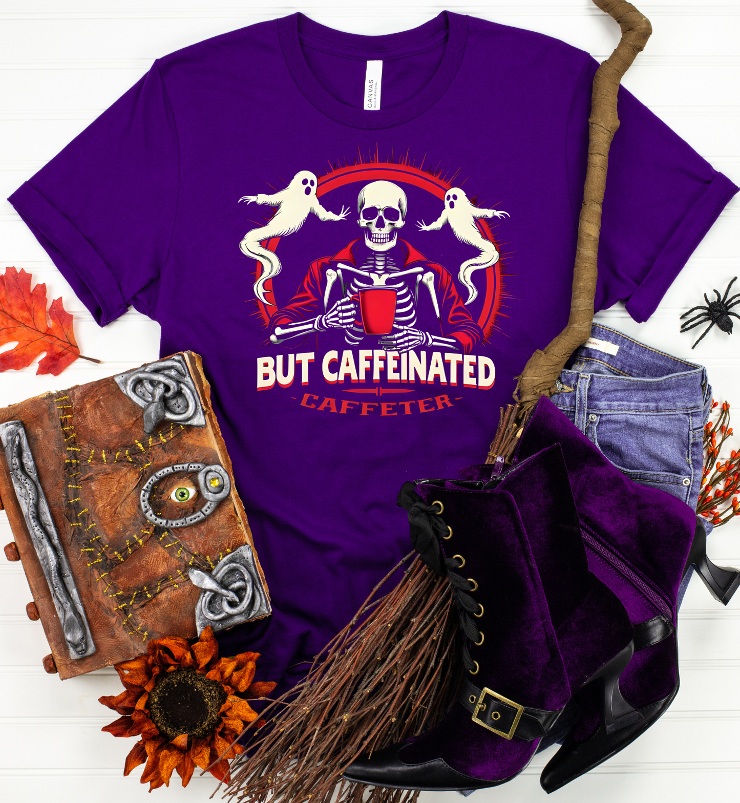 Halloween Coffee Skeleton T-Shirt – “But Caffeinated” Funny Ghost Tee