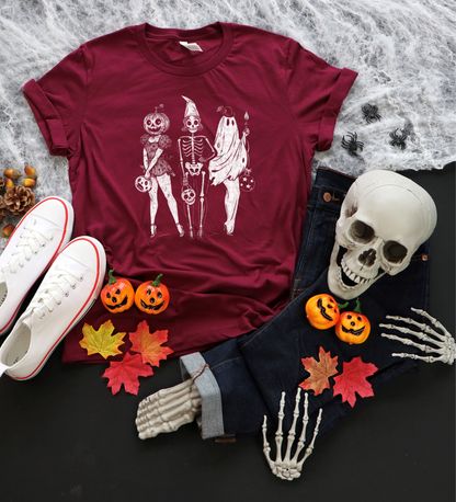 Halloween Trio T-Shirt – Pumpkin, Skeleton & Ghost Graphic Tee