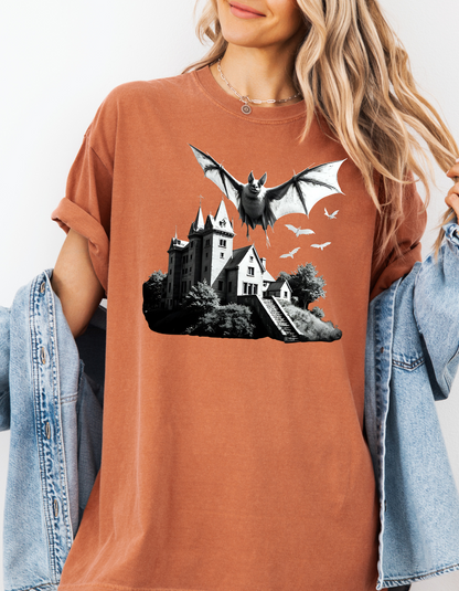 Haunted Castle Halloween T-Shirt – Gothic Bat Horror Graphic Tee