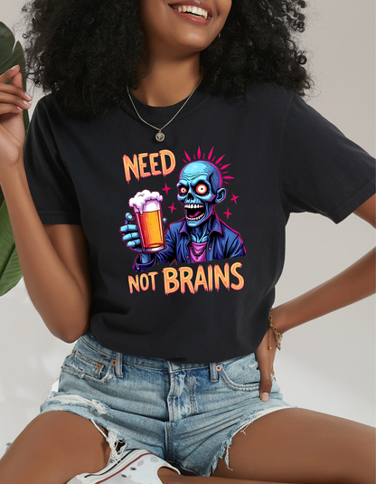 Zombie Beer T-Shirt – Funny “Need Not Brains” Halloween Graphic Tee