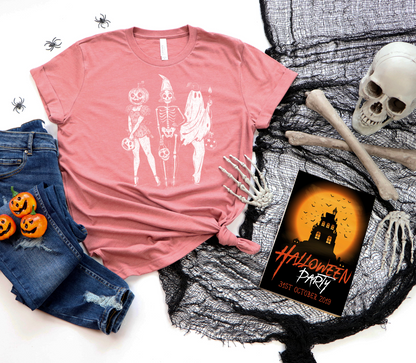 Halloween Trio T-Shirt – Pumpkin, Skeleton & Ghost Graphic Tee