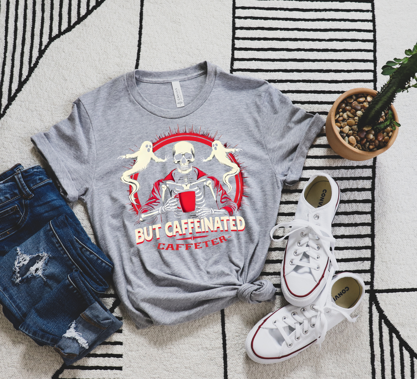 Halloween Coffee Skeleton T-Shirt – “But Caffeinated” Funny Ghost Tee