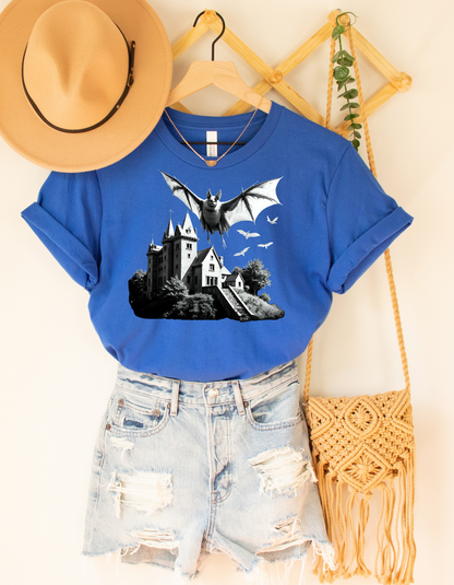 Haunted Castle Halloween T-Shirt – Gothic Bat Horror Graphic Tee