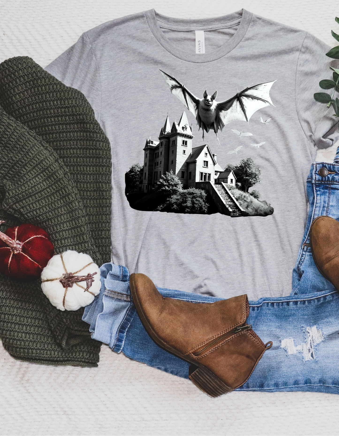 Haunted Castle Halloween T-Shirt – Gothic Bat Horror Graphic Tee