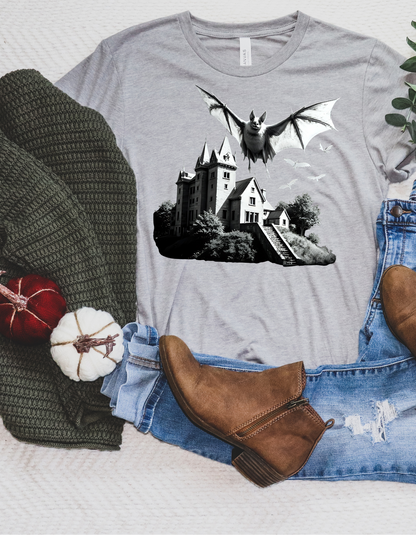 Haunted Castle Halloween T-Shirt – Gothic Bat Horror Graphic Tee