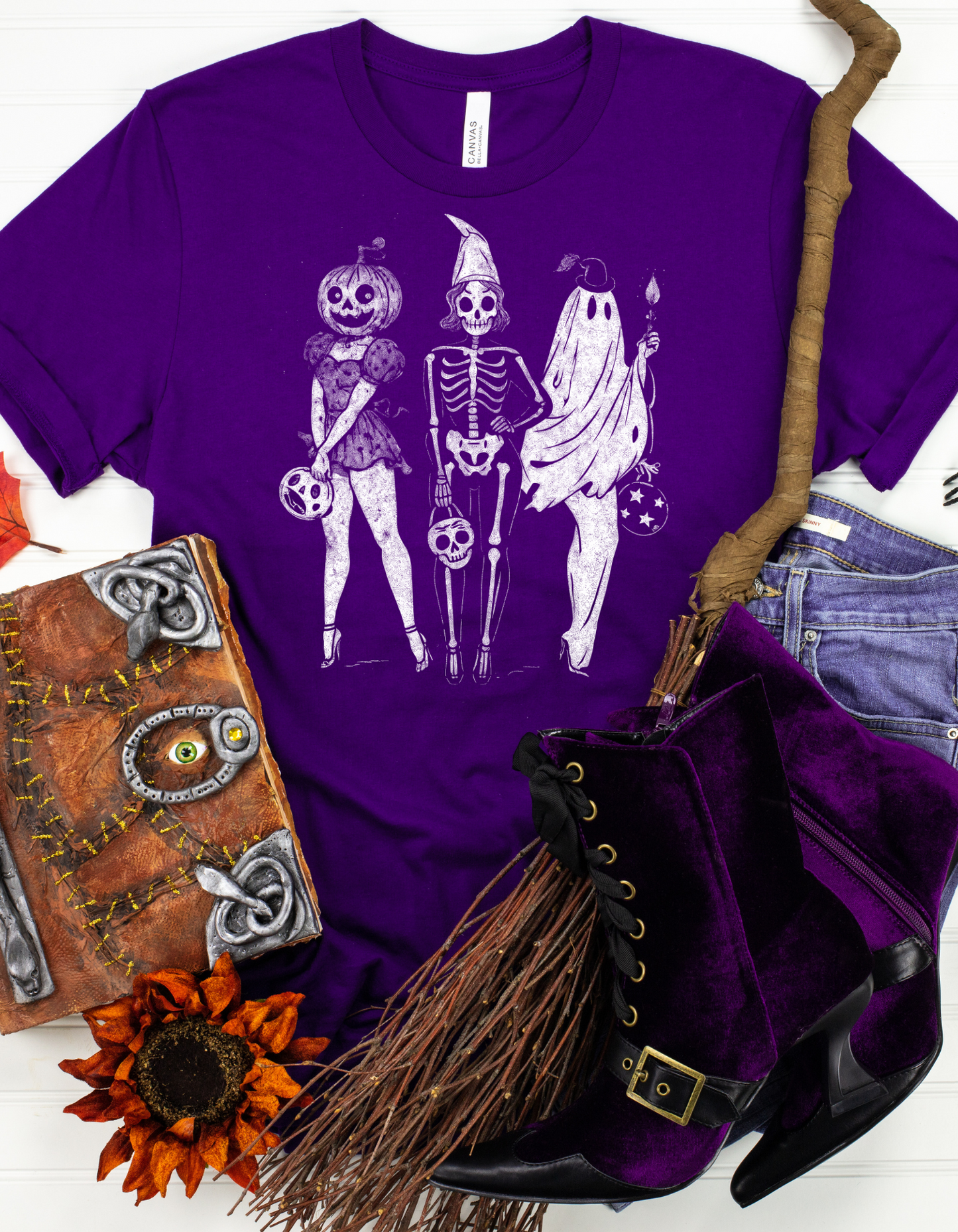 Halloween Trio T-Shirt – Pumpkin, Skeleton & Ghost Graphic Tee