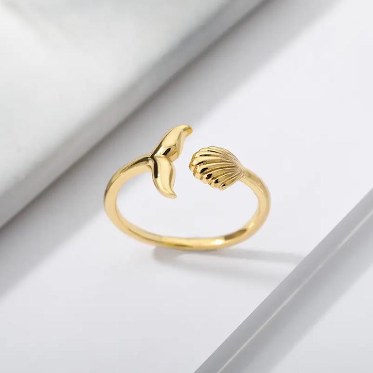 18K Gold Sterling Silver Unisex Jewelry Adjustable Size Ring Whale Tail Minimalist Rings for Men and Women Christmas Couple Match Accessory